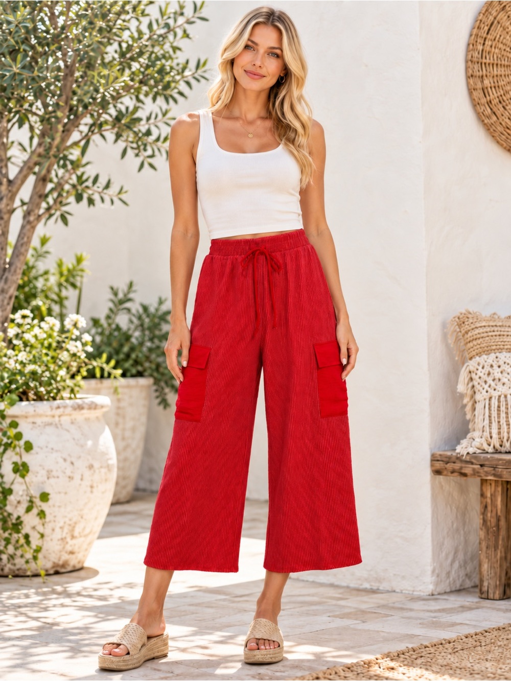 346 NWOT HEIMISH USA Red Wide-Leg Cargo Pants Size Small